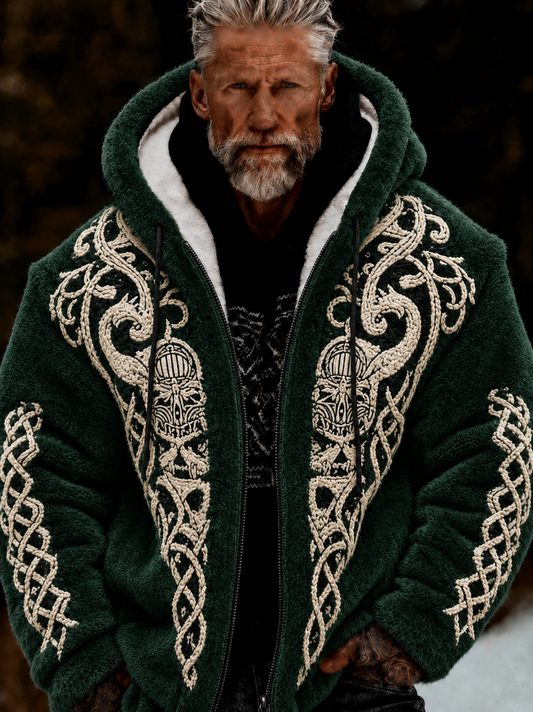Herrlig viking- och keltiskt konstnärlig plyschjacka med dragkedja och huva, mysigt varm
