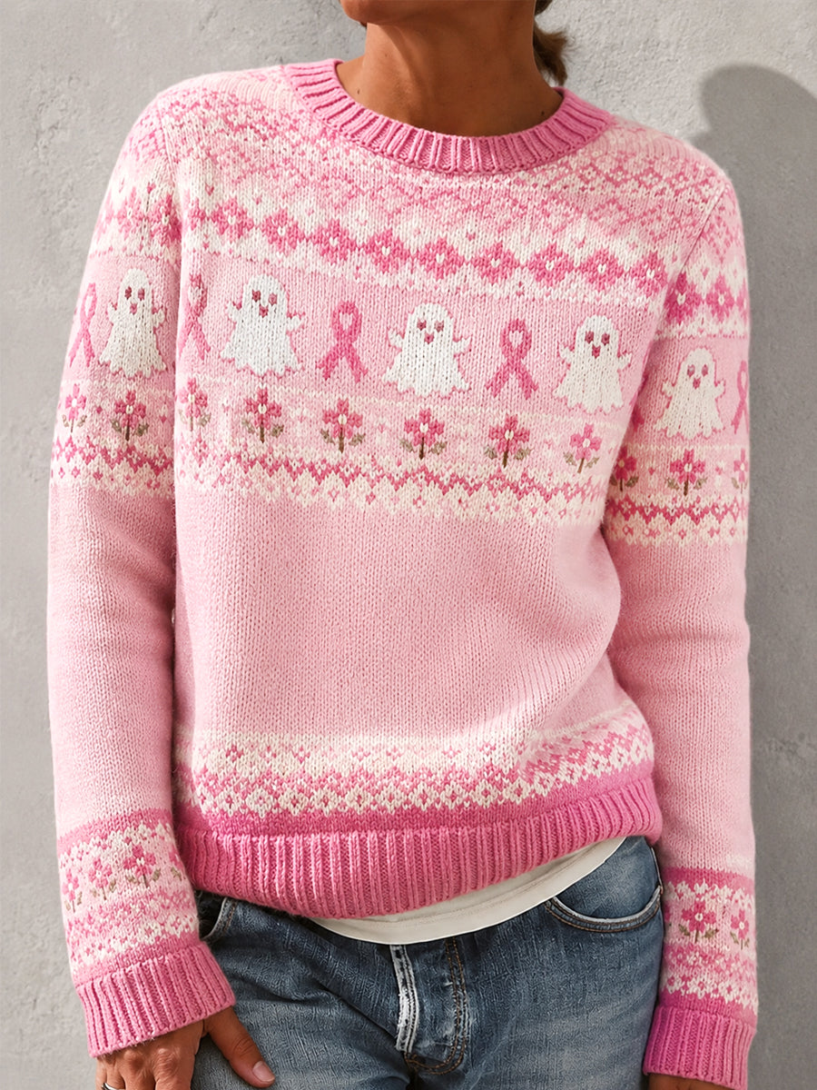 Damsweater i rosa med blommönstrad spökmotiv – stöd för bröstcancermedvetenhet