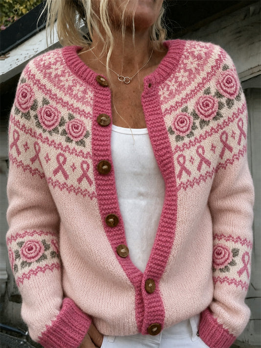 Kvinnors rosa blomma och rosa välgörenhet Ribbon mönster tryckt Casual Cardigan-Style jacka