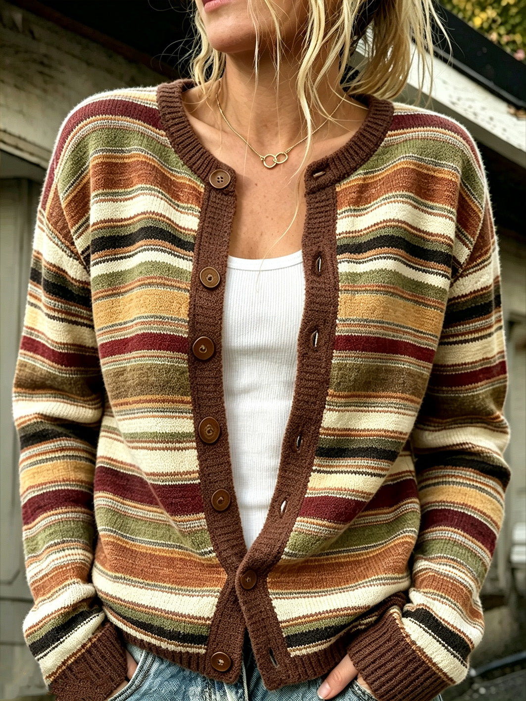 Kvinnors höst färg randiga mönster orsak Cardigan-stil sticka jacka