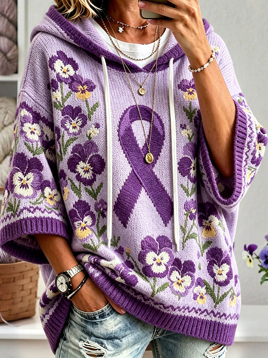 Kvinnors Alzheimers medvetenhet Purple Ribbon Pansies Skriv ut bekvämt 3/4 ärm Hoodie 3/4