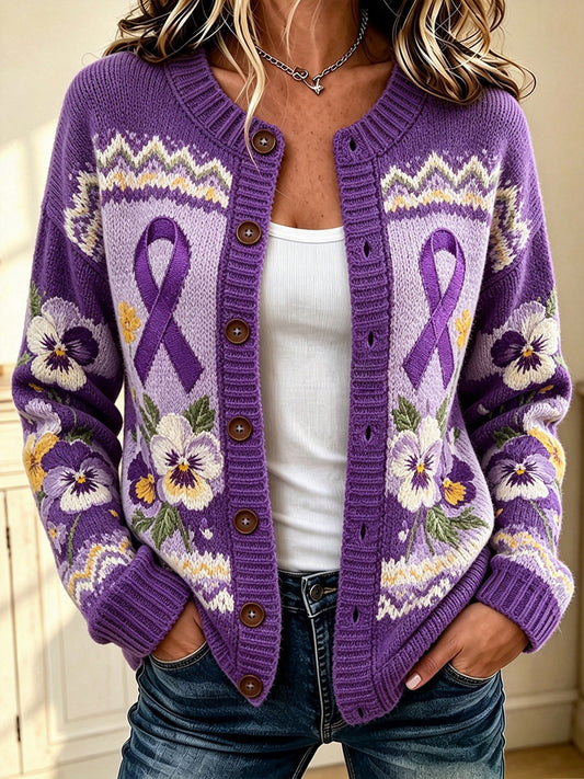 Kvinnors Vintage Purple Ribbon & Pansies Isle Mönster Skriv ut Cardigan