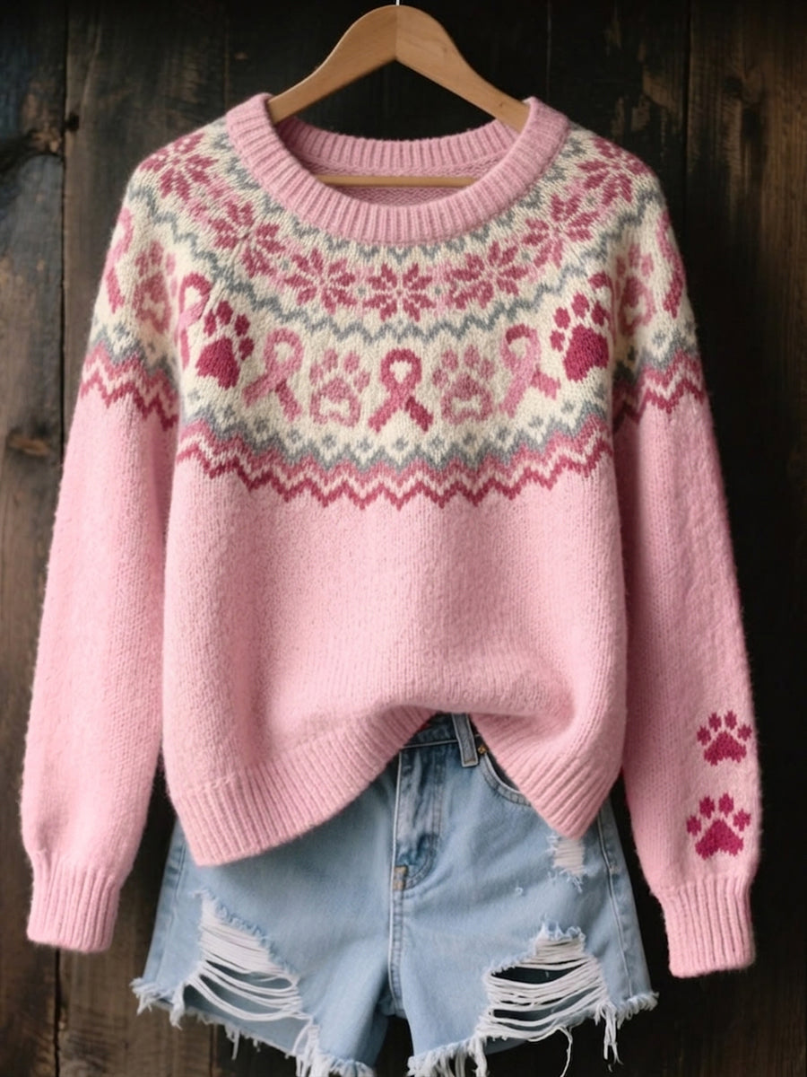 Kvinnors Vintage Pink Ribbon & Hund tass Isle Mönster Skriv ut Mysig tröjar