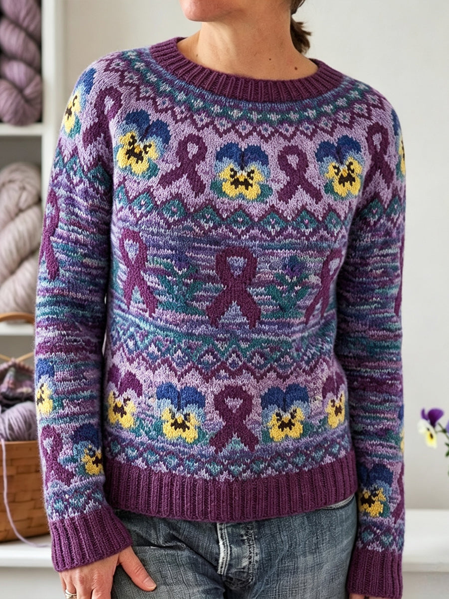 Kvinnors Alzheimers medvetenhet Purple Ribbon Pansies Print besättning hals tröjar