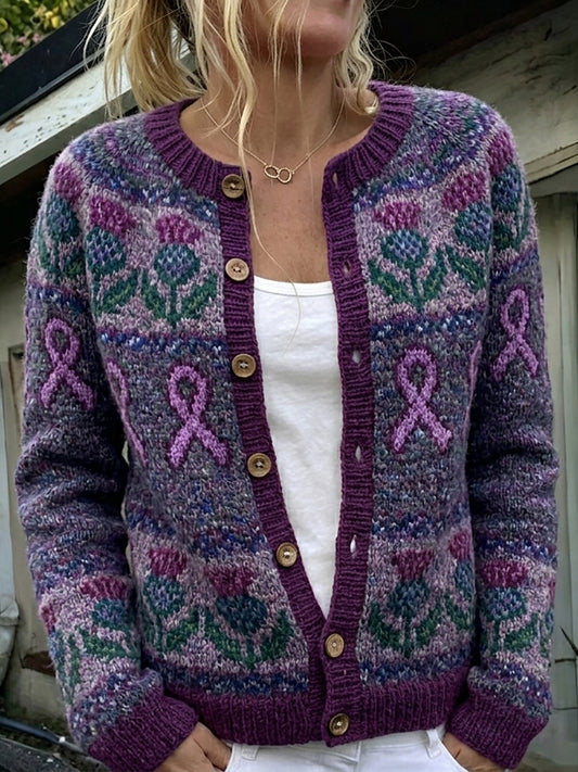 Kvinnors Vintage Purple Ribbon & Scottish Thistle Isle Mönster Skriv ut Cardigan