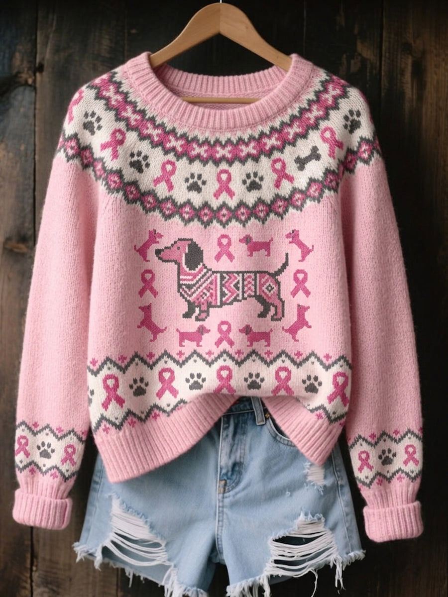 Damvintertröja i vintagestil med rosa rosett- och hundtassmönster, mysig stickning