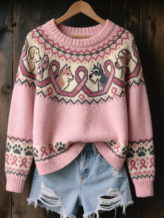 Damvintertröja i vintagestil med rosa rosett- och hundtassmönster, mysig stickning