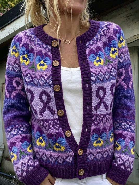 Kvinnlig vintage-väst med lila rosett och penséer i ö-mönster