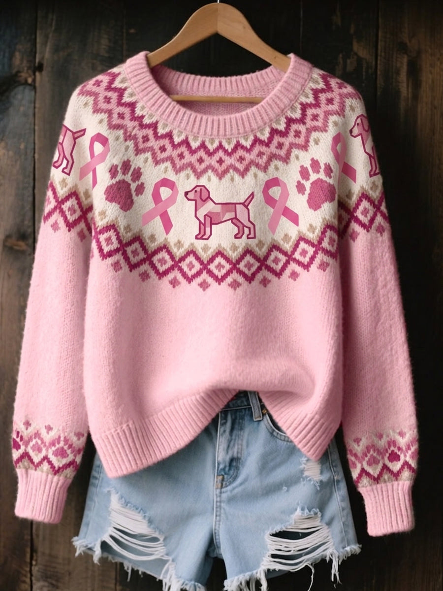 Damvintertröja i vintagestil med rosa rosett- och hundtassmönster, mysig stickning