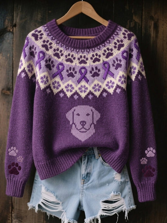 Kvinnors Vintage Purple Ribbon & Hund tass Isle Mönster Skriv ut Mysig tröjar