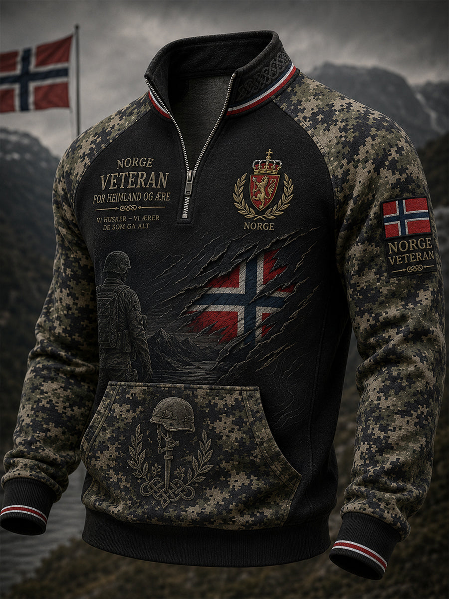 Herrtröja med dragkedja, vintagekamuflage och militärinspirerad grafisk print