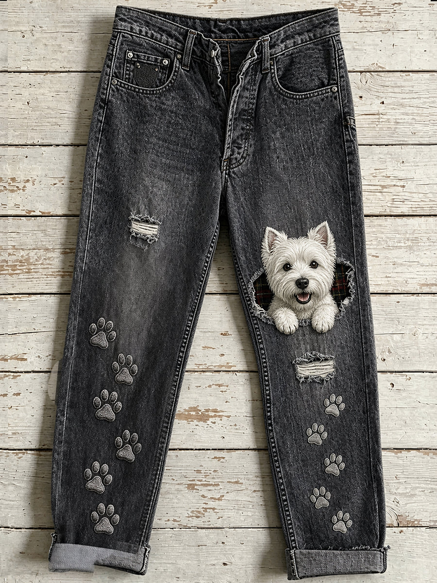 Kvinnors Casual Jeans med Vintage Animal Art Print