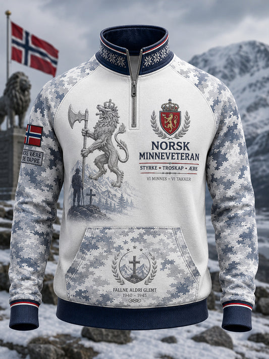 Herrtröja med dragkedja, vintagekamuflage och militärinspirerad grafisk print