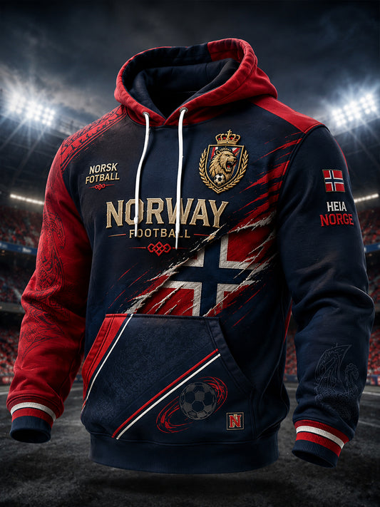 Herrtröja med lång ärm och huva, prydd med fotbollsmotiv