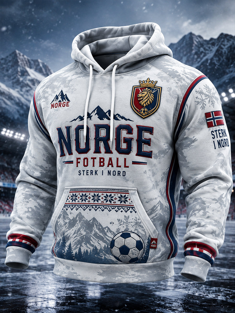 Herrtröja med lång ärm och huva, prydd med fotbollsmotiv