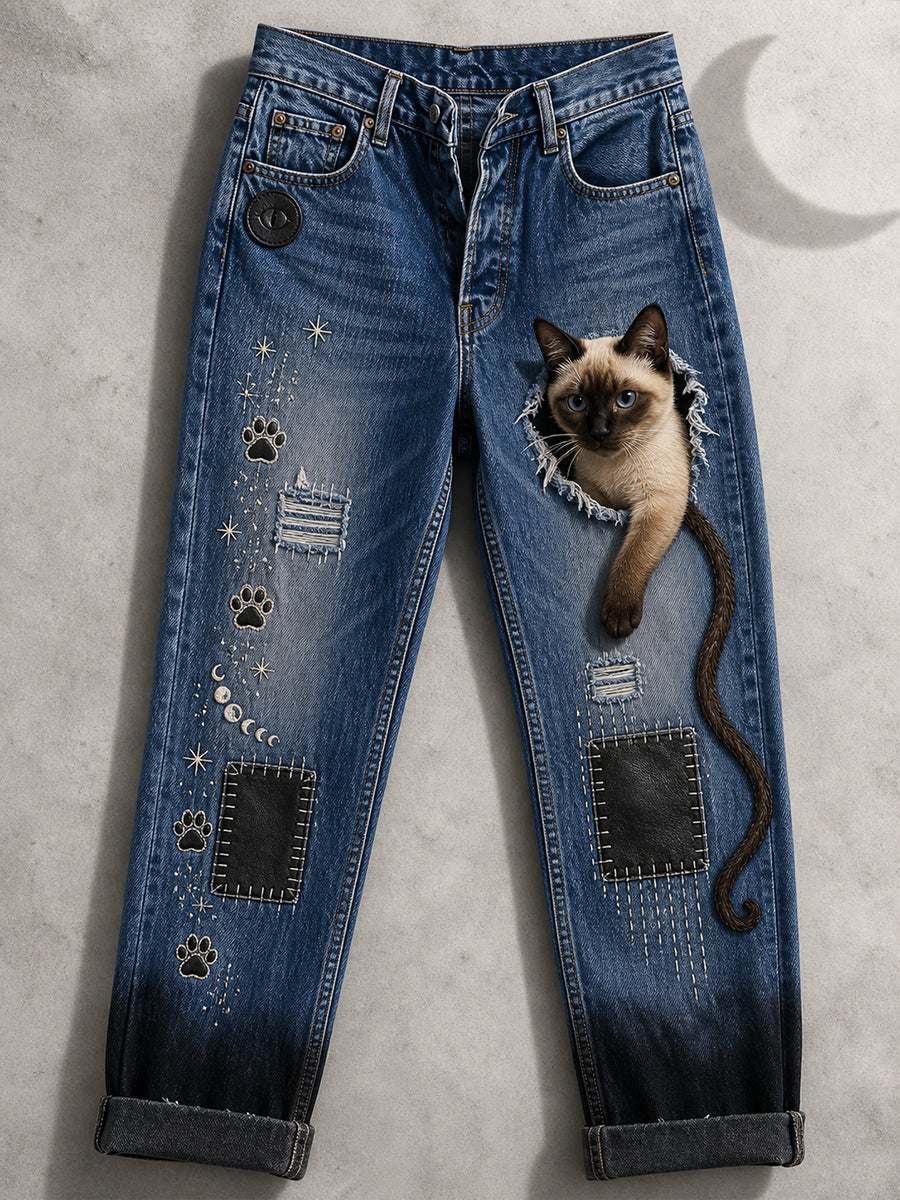 Kvinnliga avslappnade jeans med vintagekonsttryck av djur