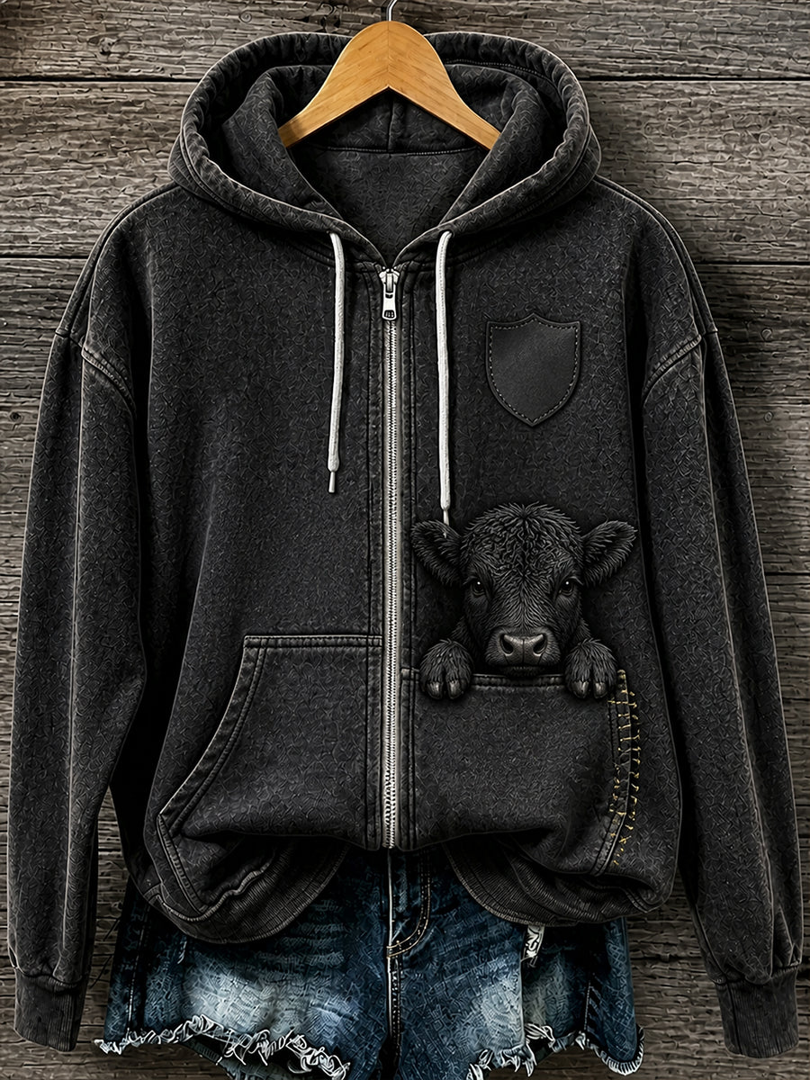 Retro Animal Print Casual Hooded Zip-Up Jacka