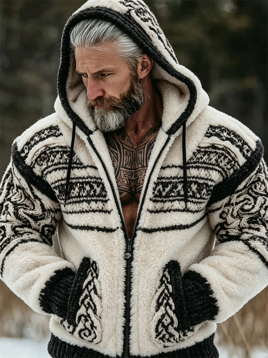 Mäns Vintage Viking Celtic Knop Skriv ut full Zip Mysig Flannel Hoodie Flannel