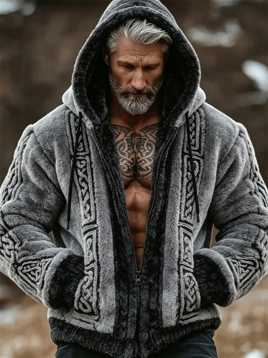 Mansvintage vikingkeltiskt knutmönstrat mysigt flanellhuvtröja med full dragkedja