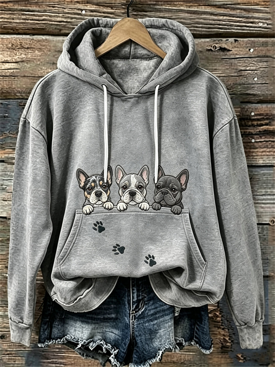Kvinnors kikande Franska Bulldogs & Paw Prints Mysig hoodiet