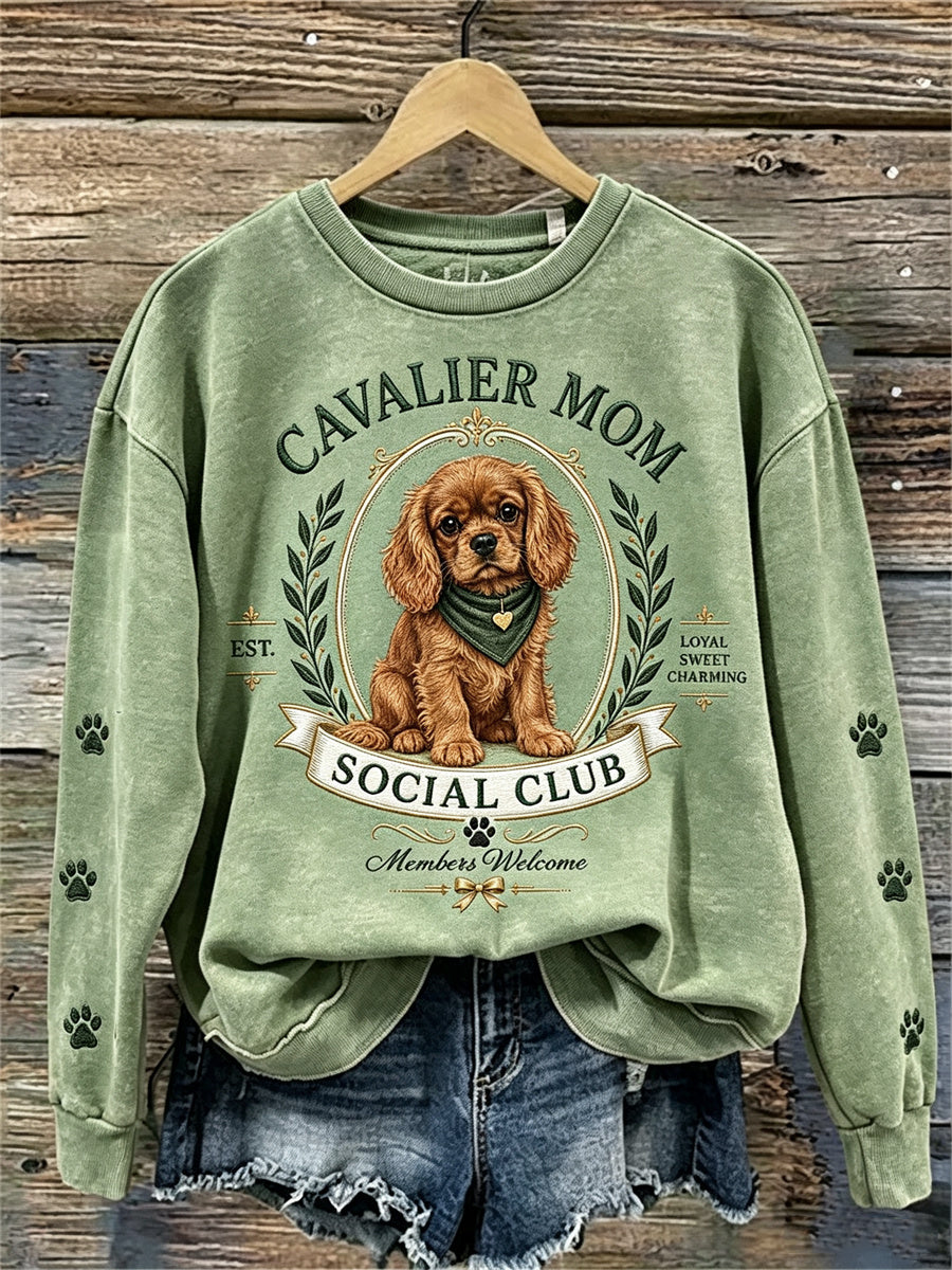 Kvinnors Vintage Cavalier Mom Social Club Dog Lover Print Sweatshirt