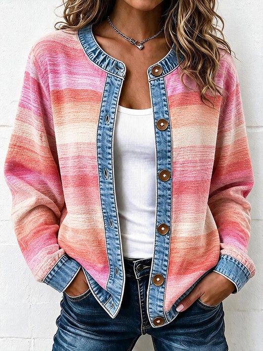 Kvinnors randiga mönster Denim Patchwork Cardigan