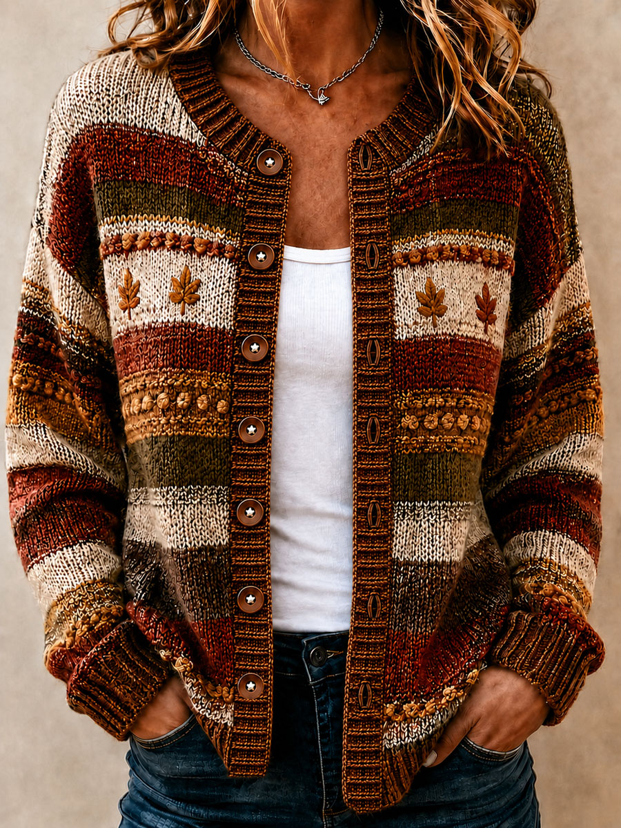 Kvinnor fall Striped Print Casual Cardigan