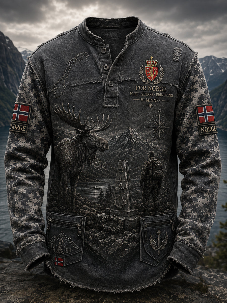 Herrtröja med lång ärm, vintagekamuflage och militärinspirerade mönster
