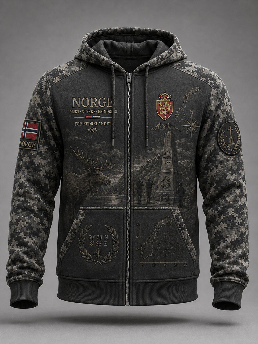 Mansvintage camouflagemönstrad långärmad huvtröja med dragkedja i militärstil