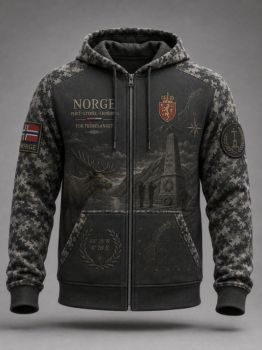 Mansvintage camouflagemönstrad långärmad huvtröja med dragkedja i militärstil