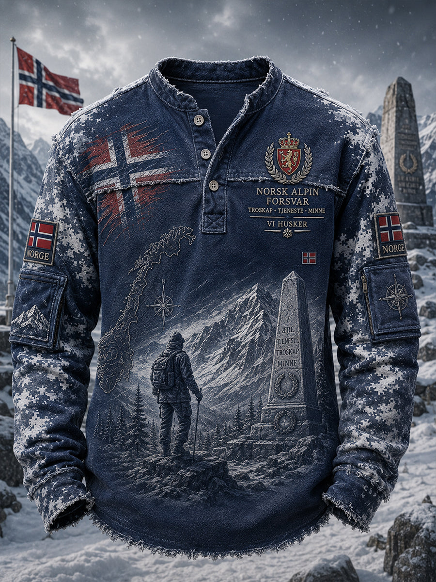 Herrtröja med lång ärm, vintagekamuflage och militärinspirerade mönster