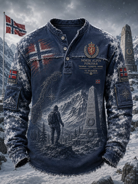 Herrtröja med lång ärm, vintagekamuflage och militärinspirerade mönster