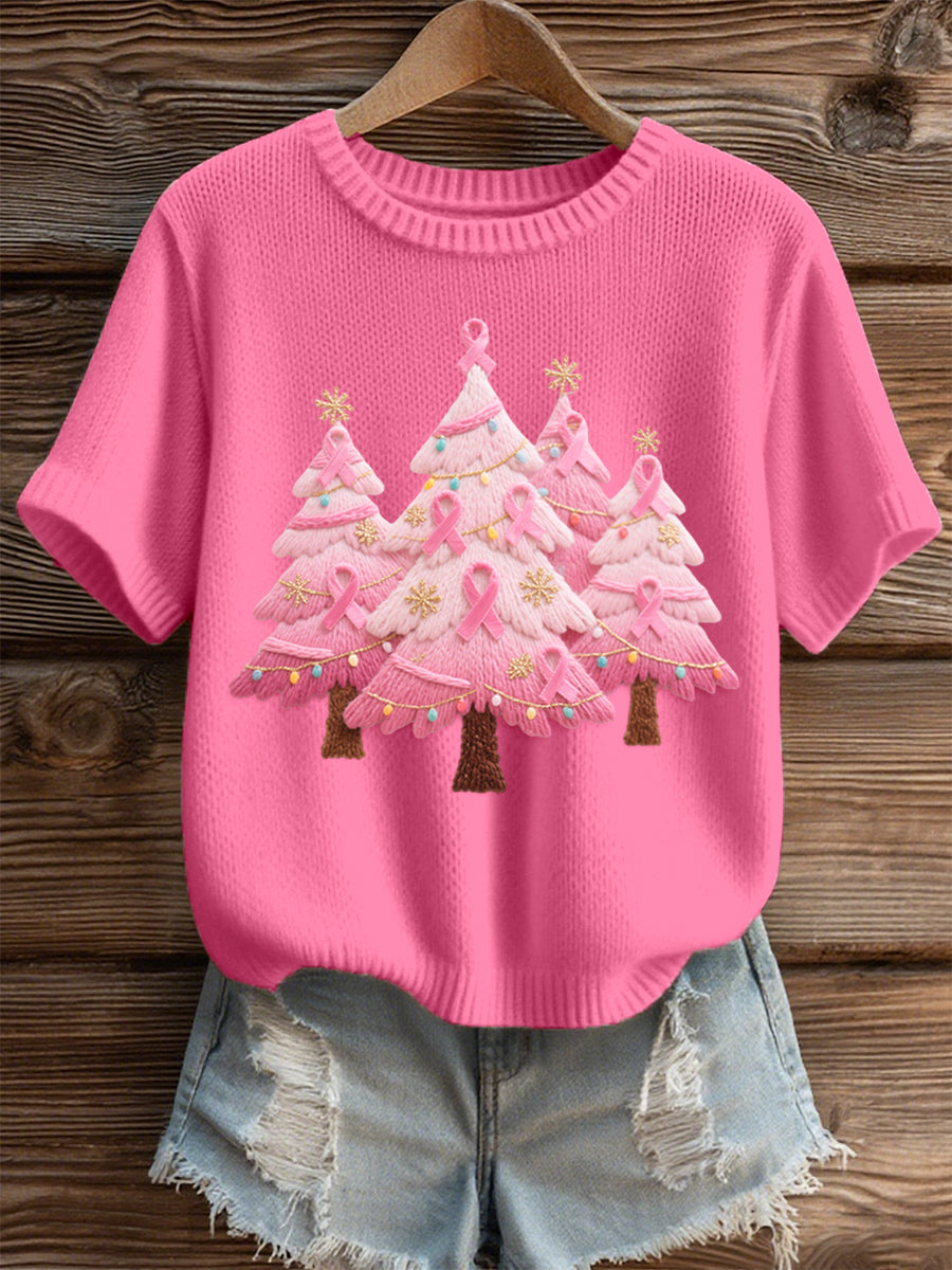 Kvinnors rosa julgran broderad mysiga sticka topp