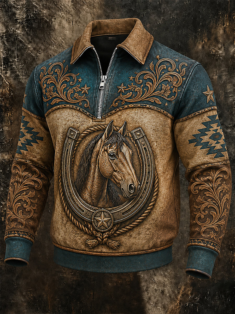 Mäns Retro Western Häst Print Casual blixtlås Pullovere