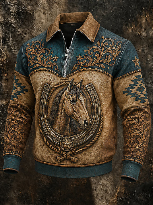 Mäns Retro Western Häst Print Casual blixtlås Pullovere