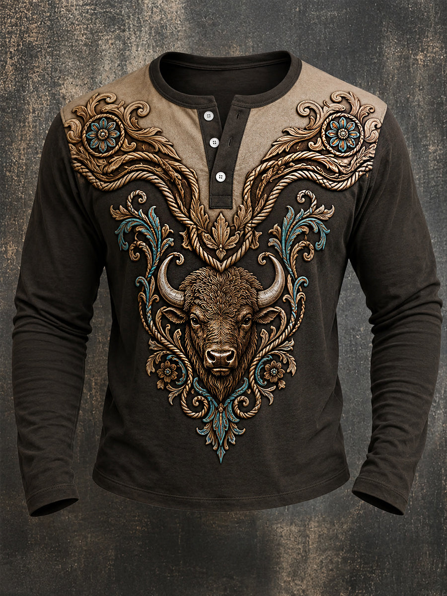 Mäns Retro Western Buffel Print Casual Lång ärm T-shirt