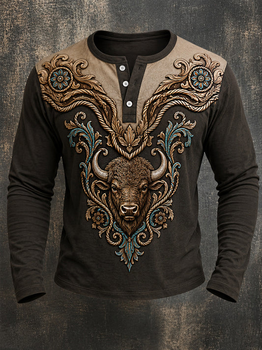 Mäns Retro Western Buffel Print Casual Lång ärm T-shirt
