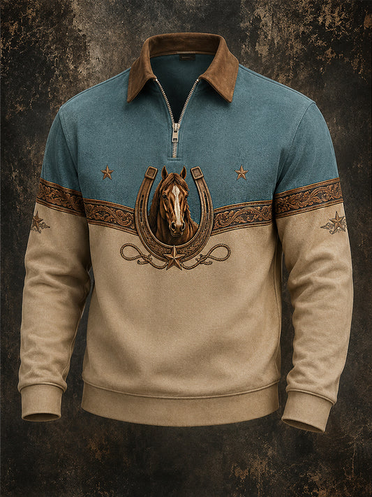 Herrpullover i retrostil med western- och hästmönster, avslappnad modell med dragkedja
