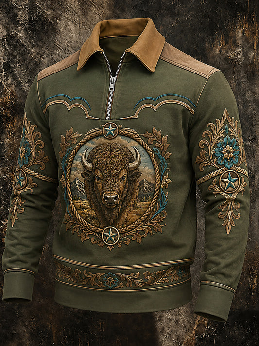Mäns Retro Western Buffel Print Casual blixtlås Pullovere