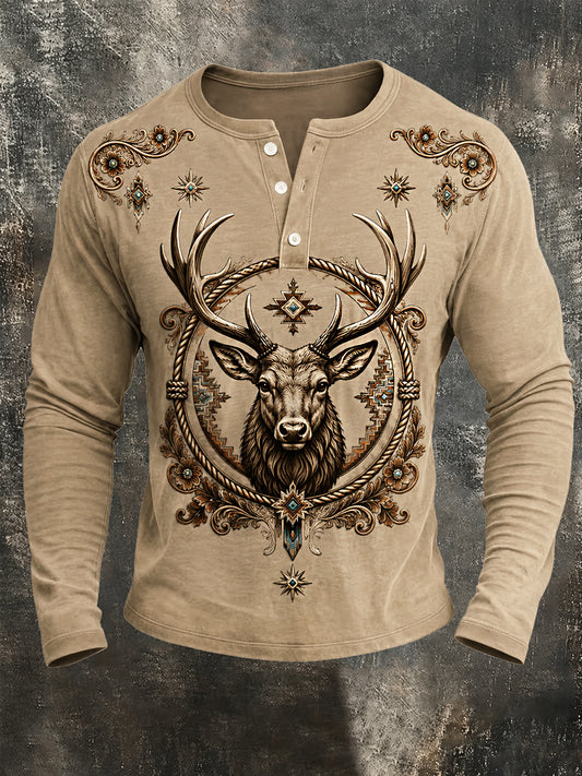 Herrtröja i retro-westernstil med hjorttryck, långärmad och avslappnad stil