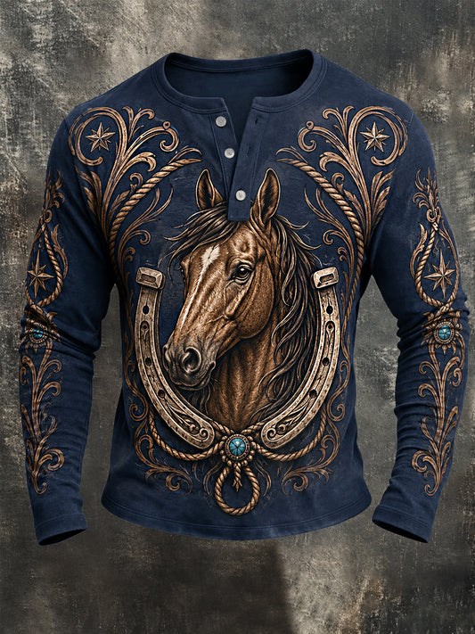 Mäns Retro Western Häst Print Casual Lång ärm T-shirt