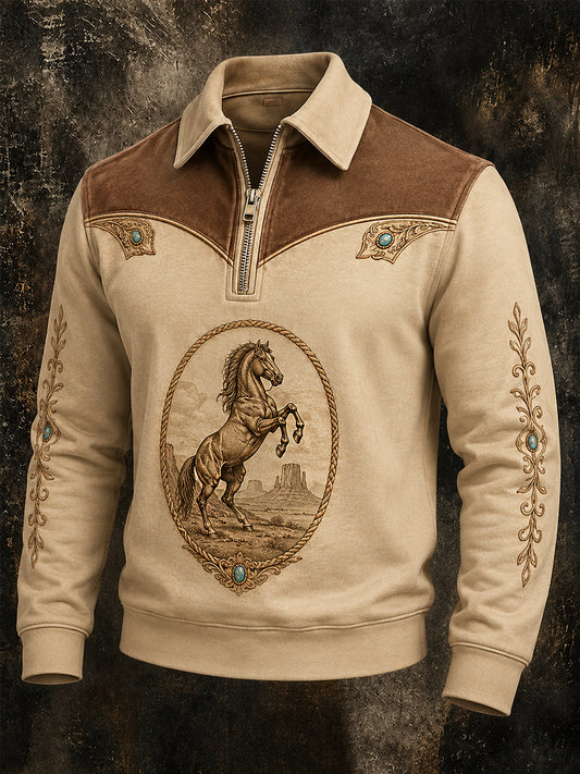 Herrpullover i retrostil med western- och hästmönster, avslappnad modell med dragkedja