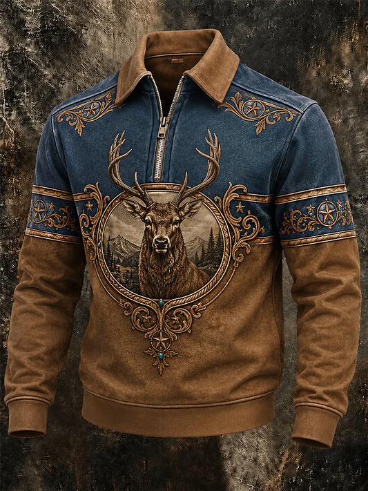Mäns Retro Western Deer Print Casual blixtlås Pullovere