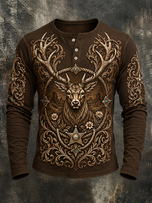 Mäns Retro hjort Print Casual Lång ärm T-shirt