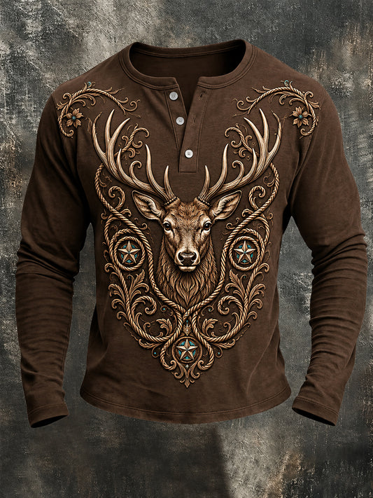 Mäns Retro Western Deer Print Casual Lång ärm T-shirt