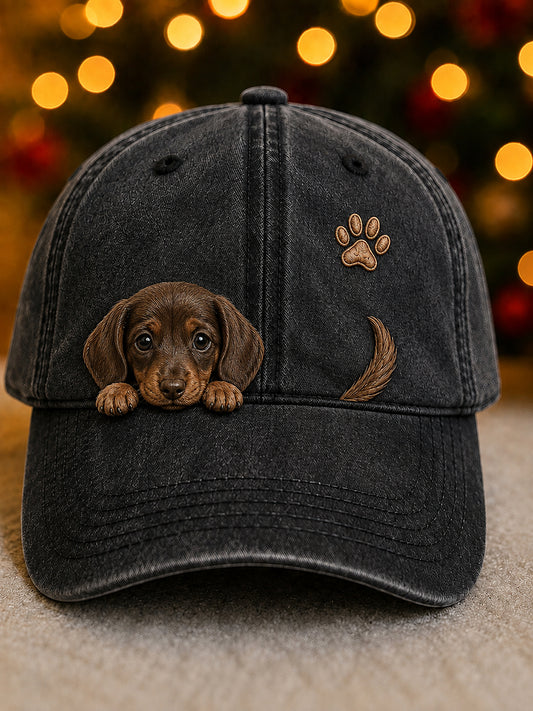 Söt kikande hund & tass utskrift Vintage tvättad hatt