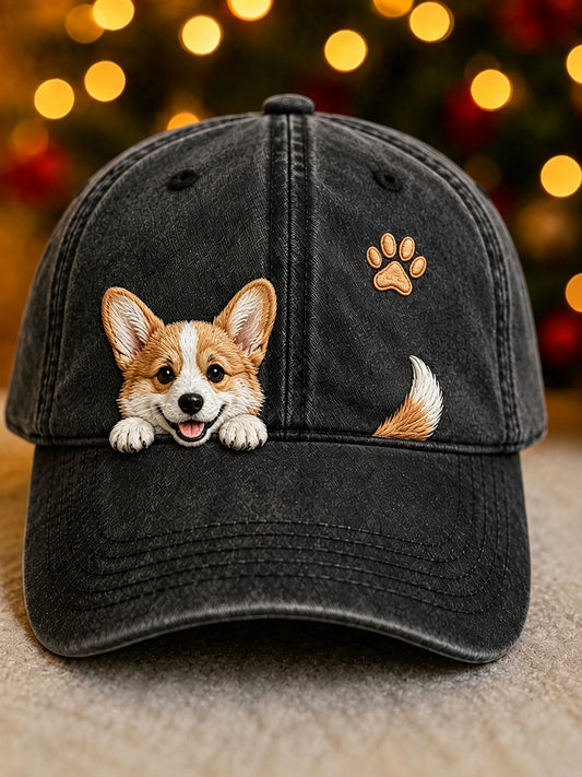 Söt Peeking Corgi Dog & Tass Print Vintage tvättad hatt