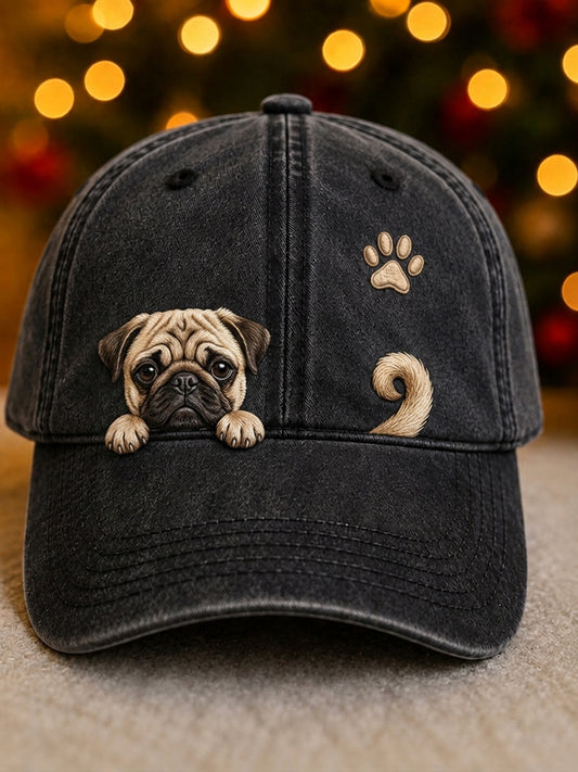 Söt tittande Pug Dog & Tass Print Vintage tvättad hatt