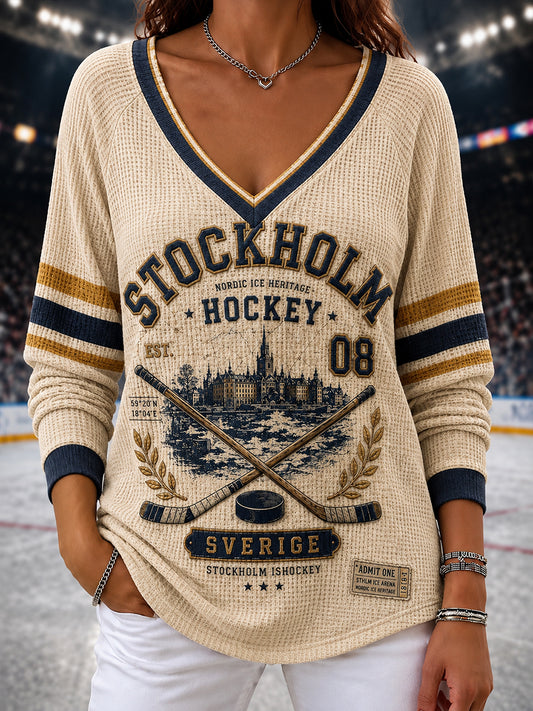 Kvinnors Vintage Stockholm Sverige Ishockey Raglan ärm Topp