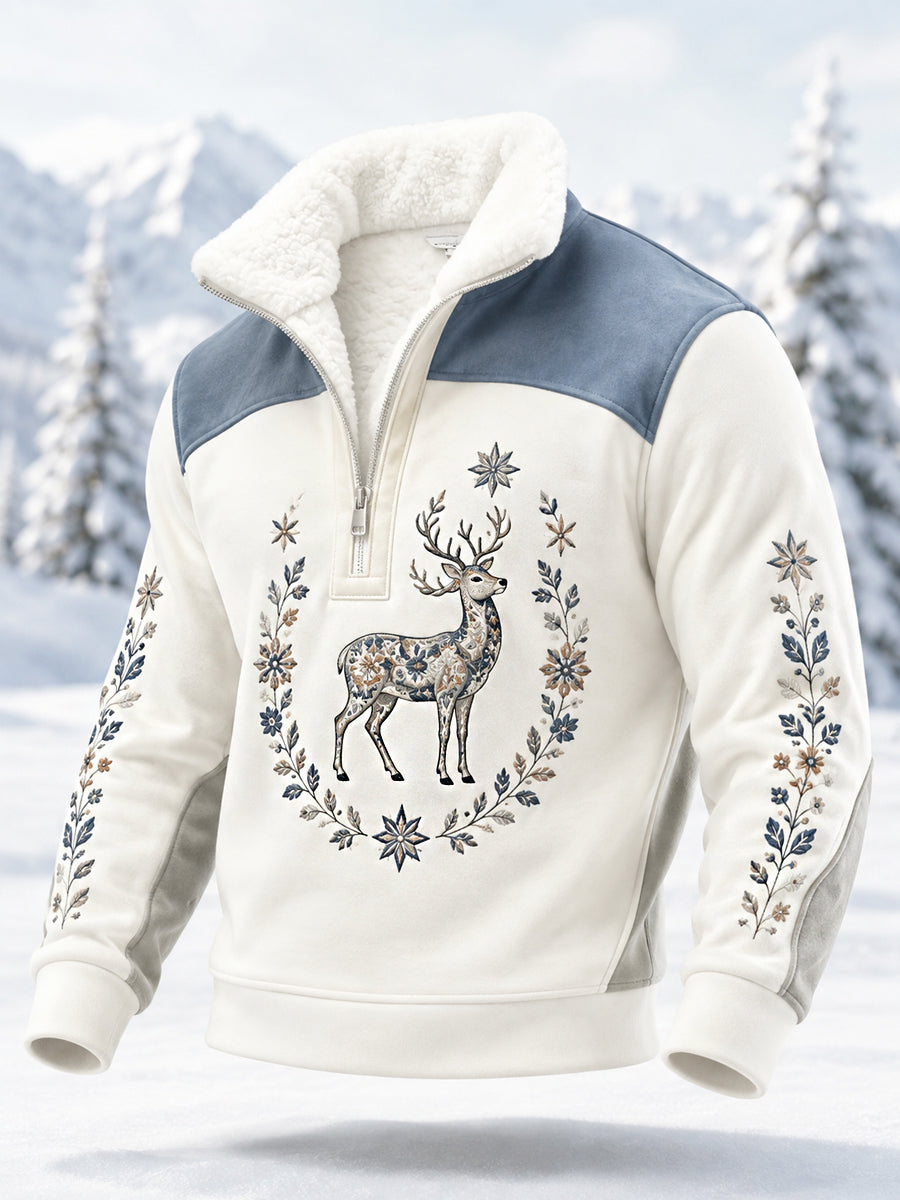 Herrpullover i plysch med nordisk renmotiv och dragkedja